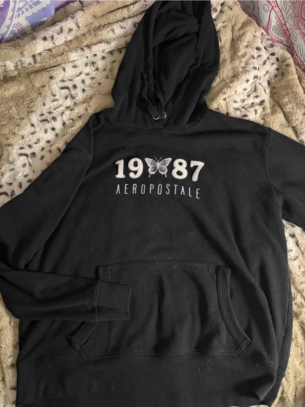 Aeropostale Black Hoodie with White and Pink Embroidery